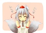  1girl ^_^ animal_ears bare_shoulders blush closed_eyes detached_sleeves eating food food_in_mouth happy hat heart inubashiri_momiji looking_at_viewer pocky pom_pom_(clothes) short_hair silver_hair solo tail tail_wagging tokin_hat touhou translation_request v_arms wolf_ears wolf_tail yuki_shimono 