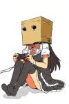  1girl bag bag_over_head black_hair black_legwear bow controller dress game_controller gamepad kaika long_hair original paper_bag simple_background sitting thigh-highs white_background 