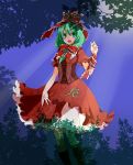  1girl absurdres arm_up blush boots bow branch cross-laced_footwear dress forest frilled_skirt frills front_ponytail green_eyes green_hair hair_bow hair_ribbon happy highres kagiyama_hina knee_boots light_particles light_rays long_hair looking_at_viewer nature open_mouth puffy_short_sleeves puffy_sleeves red_dress ribbon short_sleeves skirt smile solo touhou tree wrist_ribbon yukina_(masyumaro610) 