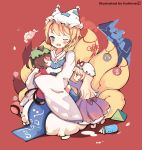  3girls animal_ears blonde_hair blue_eyes blush bottle brown_hair cat_tail chen child dress fox_ears fox_tail hat highres itohime long_hair multiple_girls multiple_tails short_hair sleeping smile tail touhou white_dress yakumo_ran yakumo_yukari 