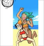  2girls aqua_hair barefoot beach_volleyball black_hair blush breast_envy breast_grab breast_rest breasts breasts_on_head cerebella_(skullgirls) feng_(skullgirls) front-tie_bikini front-tie_top large_breasts long_hair multicolored_hair multiple_girls ponytail shadowbug_x short_hair skullgirls small_breasts swimsuit tankini two-tone_hair volleyball white_hair 