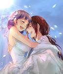  1boy 1girl bbirdd bride brown_hair carrying closed_eyes dress earrings flower flower_on_head hyuuga_hinata hyuuga_neji jewelry naruto naruto_shippuuden open_mouth princess_carry purple_hair smile wedding wedding_dress 