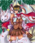  1girl animal_ears bamboo bell blush fox_ears fox_mask hair_between_eyes highres kitsune looking_at_viewer mask nora_(nora7) parted_lips red_eyes scarf short_hair thigh-highs zettai_ryouiki 