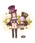  2girls ^_^ blush boots breasts brown_gloves brown_hair caitlyn_(league_of_legends) cleavage closed_eyes clover cup cupcake dress gloves gwayo happy hat highres league_of_legends long_hair multiple_girls open_mouth pointy_ears purple_dress short_hair sitting smile teacup tristana white_background white_hair 