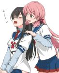  2girls akashi_(kantai_collection) black_hair blush breasts closed_eyes glasses green_eyes hands_on_shoulders kantai_collection long_hair massage multiple_girls ninmu_musume open_mouth pink_hair school_uniform serafuku side_slit smile thigh-highs youkan 