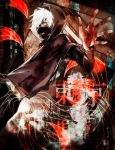  1boy copyright_name eyepatch highres hoodie kaneki_ken looking_at_viewer mask outstretched_arm outstretched_hand red_eyes short_hair solo tentacles tokyo_ghoul white_hair woshiab 