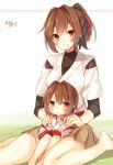  2girls alternate_costume brown_eyes brown_hair hair_ornament hair_ribbon hyuuga_(kantai_collection) ise_(kantai_collection) japanese_clothes kantai_collection looking_at_viewer multiple_girls ponytail ribbon short_hair signature sitting sitting_on_person sketch smile tagme toosaka_asagi younger 