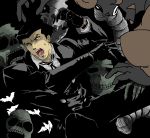  2boys bird black_gloves black_hair black_suit formal gloves jason_beck multiple_boys oekaki open_mouth roger_smith scrb skull suit sweat the_big_o 