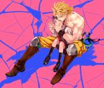  2boys blonde_hair blue_eyes blue_hair child dio_brando headband joestar_birthmark jojo_no_kimyou_na_bouken jonathan_joestar multiple_boys older red_eyes shirtless stitches teruru_(tgtgh) time_paradox wince younger 