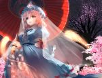  blue_kimono breasts cherry_blossoms ghost hat japanese_clothes kimono large_breasts nagare night night_sky oriental_umbrella pink_eyes pink_hair saigyou_ayakashi saigyouji_yuyuko sky touhou triangular_headpiece umbrella veil 