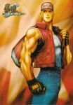  1boy andy_seto bag blonde_hair blue_eyes denim duffel_bag fatal_fury fingerless_gloves gloves highres jeans king_of_fighters male muscle official_art shirt sleeveless snk solo star starry_background terry_bogard vest 