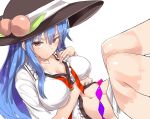  absurdres blue_hair breasts cleavage collarbone food food_themed_clothes from_above fruit hand_on_own_chest hat highres hinanawi_tenshi knees_together_feet_apart large_breasts long_hair looking_at_viewer midriff navel neropaso peach reclining red_eyes shirt simple_background touhou untied white_background white_shirt 