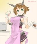  1girl apron bare_shoulders bowl breasts brown_hair brown_skirt carrying cooking curry food gloves gradient gradient_background green_eyes headgear hiraki_ajino kantai_collection ladle looking_at_viewer mutsu_(kantai_collection) personification pleated_skirt pot short_hair sideboob skirt sleeveless smile solo stove text twitter_username white_gloves 