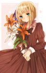  1girl aqua_eyes axis_powers_hetalia black_bow blonde_hair blush bow dress flower frills heart holding holding_flower liechtenstein_(hetalia) long_sleeves ninonuko outline personification red_bow red_dress short_hair smile solo striped striped_bow striped_dress text twitter_username white_bow wrist_cuffs 