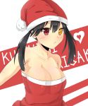  1girl absurdres background_text bare_shoulders black_hair blush breasts cleavage clock_eyes date_a_live english hat heterochromia highres long_hair looking_at_viewer open_mouth red_eyes santa_costume santa_hat solo text tokisaki_kurumi twintails yellow_eyes 