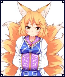  1girl animal_ears black_border blonde_hair bust fox_ears fox_tail hands_in_sleeves hands_together highres kuroleo light_smile long_sleeves looking_at_viewer multiple_tails no_hat short_hair simple_background solo tabard tail touhou white_background yakumo_ran yellow_eyes 