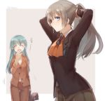  2girls alternate_costume blue_eyes blue_hair blush breasts brown_hair cleavage closed_eyes hairdressing kantai_collection kumano_(kantai_collection) long_hair mouth_hold multiple_girls pajamas ponytail stuffed_animal stuffed_toy suzuya_(kantai_collection) teddy_bear twitter_username veryberry00 yawning 