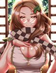  1girl apron breasts brown_eyes brown_hair bust cleavage futatsuiwa_mamizou futatsuiwa_mamizou_(human) glasses hand_on_breast highres large_breasts leaf leaf_on_head looking_at_viewer naked_apron pince-nez scarf sideboob smile solo touhou zan_(harukahime) 