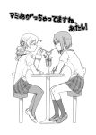  2girls dating drill_hair drink drinking drinking_straw hair_ornament heart looking_at_another mahou_shoujo_madoka_magica mary_janes miki_sayaka multiple_girls pantyhose school_uniform shoes sitting skirt stool table thigh-highs tomoe_mami torinone translation_request yuri 