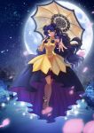  1girl absurdres anklet barefoot bishoujo_senshi_sailor_moon blue_eyes blue_hair douyougen hair_bun hands highres jewelry lips long_hair luna_(sailor_moon) luna_(sailor_moon)_(human) moon night petals sky smile solo star_(sky) starry_sky tagme umbrella water 