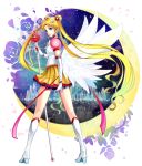  1girl bishoujo_senshi_sailor_moon blonde_hair blue_eyes blue_rose boots crescent_moon elbow_gloves eternal_sailor_moon eternal_tiare flower full_body gloves hair_ornament hairclip knee_boots long_hair looking_back mamo_(fortune-mm) moon multicolored_skirt petals rose rose_petals sailor_moon skirt solo staff standing tsukino_usagi twintails white_boots white_gloves wings 