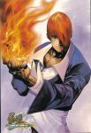  andy_seto choker dress_shirt fire highres jewelry king_of_fighters official_art purple_background redhead ring shirt snk yagami_iori yellow_eyes 