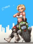  1girl blonde_hair blush bodysuit boots breasts drink drinking drinking_straw green_eyes hot large_breasts midriff motor_vehicle motorcycle navel nestkeeper off_shoulder original short_hair solo sports_bra sweat unzipped vehicle 