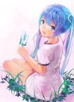  1girl blue_eyes blue_hair grass hatsune_miku long_hair looking_back mebin popsicle sitting solo twintails vocaloid 