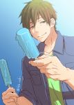  1boy brown_hair free! green_eyes hato_yu-ki male popsicle short_hair smile solo sweat tachibana_makoto 