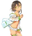  1boy bare_shoulders bikini bikini_skirt blush braid brown_hair bunbun crossdressinging dark_skin frilled_bikini frills green_eyes hair_between_eyes jacket kaku-san-sei_million_arthur leg_up navel off_shoulder side_braid solo swimsuit thigh_strap transparent_background trap wet 