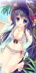  1girl beach bikini blue_eyes blue_hair breasts cleavage hat jewelry legs long_hair looking_at_viewer necklace open_clothes open_shirt original sand sandals solo sun_hat swimsuit water yukie_(peach_candy) 