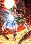  1girl aiming_at_viewer black_wings bow brown_hair ddfftasogare feathered_wings feathers green_skirt hair_bow highres mismatched_footwear molten_rock radiation_symbol red_eyes reiuji_utsuho shirt short_sleeves skirt solo third_eye touhou white_shirt wings 