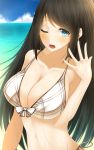  1girl black_hair breasts cleavage d; front-tie_bikini front-tie_top highres karube large_breasts long_hair mole_under_eye navel one_eye_closed open_mouth swimsuit wet 