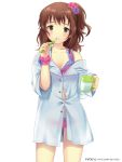  1girl blush bra breasts brown_eyes brown_hair brushing_teeth cleavage glass hair_ornament holding ilog looking_at_viewer occhan_(artist) official_art panties polka_dot polka_dot_bra polka_dot_panties see-through shirt solo tagme toothbrush underwear 