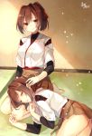  2girls brown_eyes brown_hair closed_eyes hair_ornament hair_ribbon hyuuga_(kantai_collection) ise_(kantai_collection) kantai_collection lying_on_lap lying_on_person multiple_girls parted_lips pleated_skirt ponytail ribbon short_hair signature sitting sketch skirt sleeping_on_person smile tagme toosaka_asagi 