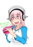  1girl blush blush_stickers breasts deviantart_thumbnail drooling food headphones heart heart_eyes large_breasts long_hair macaron nitroplus open_mouth pink_hair saliva smile solo super_sonico symbol-shaped_pupils 