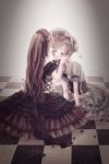  2boys blonde_hair bonnet brown_hair closed_eyes corset crossdressinging dress gothic_lolita hands_on_another&#039;s_face highres lips lolita_fashion long_hair multiple_boys original shino_(syllable) short_hair sitting translation_request trap 