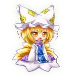  1girl animal_ears blonde_hair chibi dress fang fox_ears fox_tail hat hat_with_ears kazami_karasu long_sleeves looking_at_viewer multiple_girls multiple_tails open_mouth oversized_clothes sleeves_past_wrists solo tabard tail touhou white_dress wide_sleeves yakumo_ran yellow_eyes 