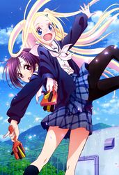  2girls absurdres blonde_hair blue_eyes clouds fang hair_ornament hairclip hana_n_fountainstand hanayamata highres legs long_hair multiple_girls naruko_(instrument) nyantype official_art open_mouth outdoors pantyhose petals purple_hair school_uniform sekiya_naru sky socks very_long_hair violet_eyes 