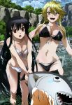  2girls :d :o absurdres akame akame_ga_kill! bare_shoulders bikini black_hair blonde_hair blush breasts fish front-tie_top highleg highleg_bikini highleg_swimsuit highres hitting large_breasts leone long_hair midriff mountain multiple_girls navel nyantype official_art open_mouth red_eyes scan sharp_teeth skindentation smile splashing swimsuit tears tree water yellow_eyes 