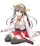  1girl bare_shoulders black_hair blouse boots breasts brown_hair detached_sleeves hair_ornament hairband hairclip haruna_(kantai_collection) heart high_heels japanese_clothes kantai_collection long_hair nontraditional_miko open_mouth sitting skirt smile solo thigh-highs thigh_boots tomokichi 