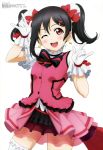  1girl absurdres black_hair blush bow gloves hair_bow highres love_live!_school_idol_project megami official_art one_eye_closed open_mouth red_eyes solo yazawa_nico 