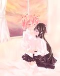  2girls akemi_homura black_hair black_legwear blush hairband highres hug interlocked_fingers jewelry kaname_madoka long_hair looking_at_another mahou_shoujo_madoka_magica mahou_shoujo_madoka_magica_movie multiple_girls pantyhose pink_eyes pink_hair shirt short_hair short_twintails single_earring skirt slightly_open_shirt smile thigh-highs twintails violet_eyes white_legwear white_shirt yuri zettai_ryouiki 