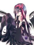  1girl akemi_homura akuma_homura argyle argyle_legwear bare_shoulders black_gloves black_hair bow choker dark_orb_(madoka_magica) dress elbow_gloves feathered_wings finger_to_mouth gloves hair_bow high_heels highres long_hair looking_at_viewer mahou_shoujo_madoka_magica mahou_shoujo_madoka_magica_movie pantyhose shadow simple_background smile solo spoilers violet_eyes white_background wings 