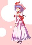  1girl bat_wings blue_hair bow dress flat_chest futatsuki_hisame hat red_eyes remilia_scarlet short_hair solo touhou v_arms wings 