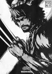  1boy animal_ears beard cat_ears chen claw_(weapon) commentary_request facial_hair hat male manly marvel mitsuki_yuuya monochrome parody solo touhou wolverine x-men 