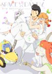  @_@ blush braid carrying confetti dandy_(space_dandy) dress formal freckles_(space_dandy) glasses meow_(space_dandy) mosuko one_eye_closed pompadour princess_carry qt_(space_dandy) robot space_dandy suit twin_braids twintails white_dress white_suit 