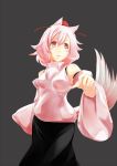  1girl animal_ears bare_shoulders black_background blush breasts detached_sleeves hat inubashiri_momiji looking_up pom_pom_(clothes) red_eyes short_hair silver_hair simple_background solo sorato_jun tail tokin_hat touhou wolf_ears wolf_tail 