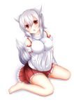  1girl absurdres animal_ears bare_shoulders blush breast_hold breasts detached_sleeves fang highres inubashiri_momiji large_breasts looking_at_viewer oohirakeisuke open_mouth pom_pom_(clothes) red_eyes short_hair simple_background sitting solo tail touhou wariza white_background wolf_ears wolf_tail 