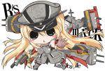  1girl :&lt; bare_shoulders bismarck_(kantai_collection) blonde_hair blue_eyes blush_stickers breasts cannon character_name chibi elbow_gloves gloves grey_legwear hat itotin kantai_collection large_breasts long_hair lowres military military_uniform no_nose open_mouth outstretched_arm peaked_cap personification solo text thigh-highs uniform very_long_hair zettai_ryouiki 